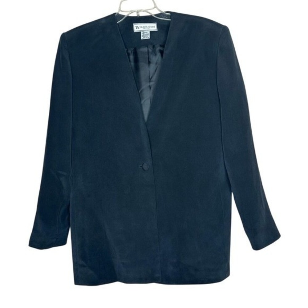 Travis Ayers Petites Black 100% Silk Collarless Blazer Jacket Size 14P Vintage